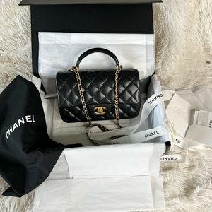 Classic Black Quilted Lambskin Top Handle GHW 21A